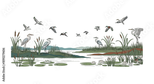 Vector illustration of a serene wetland ecosystem on World Wetlands Day featuring birds, river, lake, and lush vegetation in a natural setting.