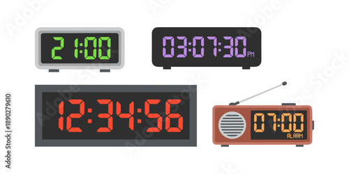 Digital alarm clocks displaying time with various electronic displays