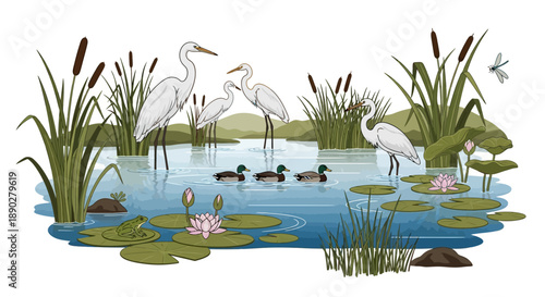 Vector illustration of a serene wetland ecosystem with herons, ducks, and lush vegetation for World Wetlands Day, highlighting conservation and nature.