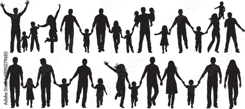 Diverse collection of happy family silhouettes walking and holding hands including parents children and toddlers isolated on white background for community and togetherness concepts.