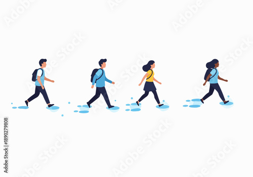 Diverse students with backpacks walking forward, stepping through puddles, symbolizing educational journeys, progress, and overcoming challenges in a modern, inclusive illustration.