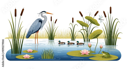 Vector illustration of a heron standing amidst cattails and lily pads in a serene wetland ecosystem with a family of ducks swimming in the background, symbolizing conservation and nature.