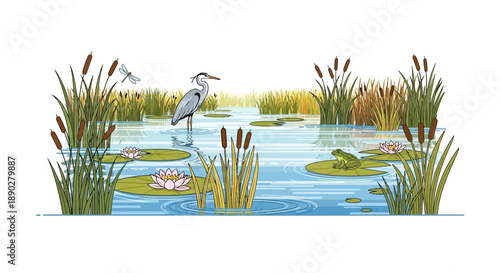 Vector illustration of a serene wetland ecosystem with a heron standing among cattails, lily pads, and a lake, promoting conservation on World Wetlands Day.
