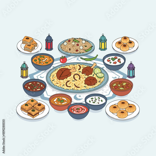 Variety of traditional dishes on table setting for meal