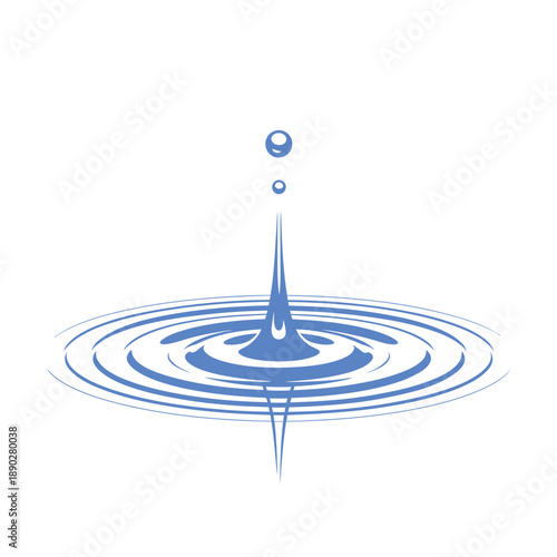 A blue water droplet impact creates concentric ripples on a surface