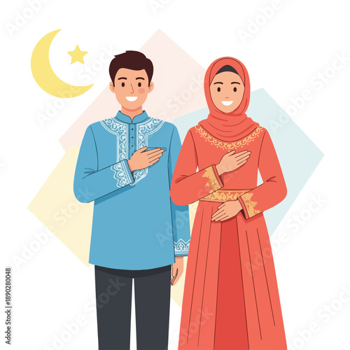 Muslim couple in traditional clothing smiling with hands on heart