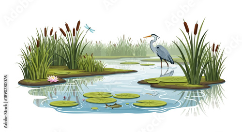 Vector illustration of a serene wetland ecosystem with a heron standing amidst cattails, lily pads, and aquatic life, promoting conservation on World Wetlands Day.