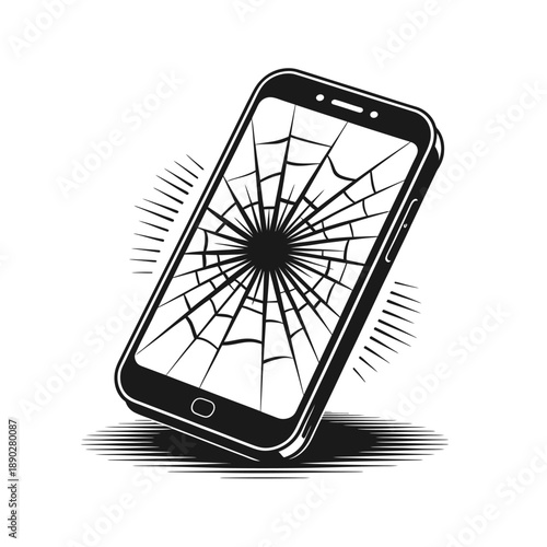 A black smartphone with a severely cracked screen illustrating damage
