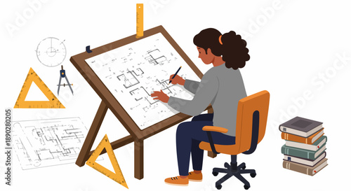 Young architect or engineering student drawing blueprints on a drafting table, surrounded by design tools and books, illustrating professional work and creative design process.