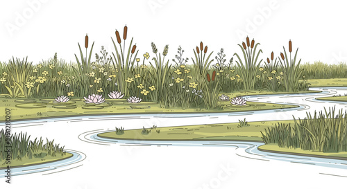 Vector illustration of a serene wetland ecosystem with winding river, lush greenery, and vibrant flowers on World Wetlands Day, highlighting conservation and nature.