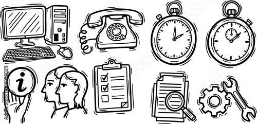 Hand drawn black and white office icons set with computer phone stopwatch checklist teamwork and gears