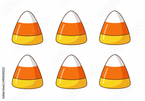 Six traditional candy corn illustrations, featuring iconic white, orange, and yellow stripes, perfectly isolated on a clean white background for Halloween and autumn designs.