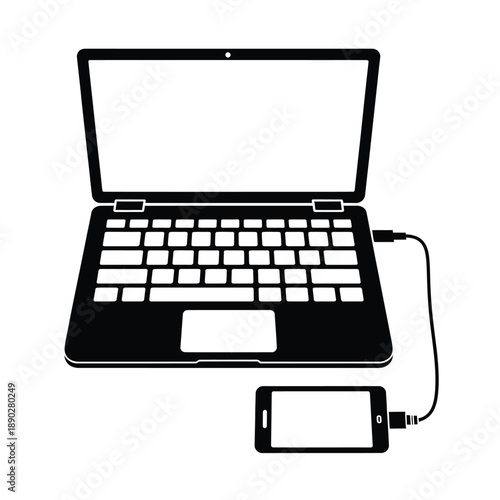 Black and white illustration of a laptop connected to a smartphone