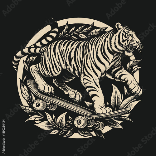 Tiger on Skateboard: A Bold and Dynamic Illustration.