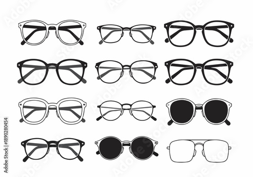 Diverse Collection of Eyeglasses and Sunglasses Icons: A Variety of Modern and Classic Frame Styles in Black and White Vector Illustration.