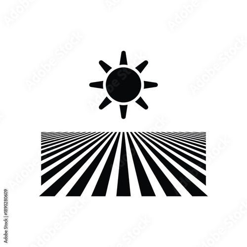 Black and white illustration depicting a sun over a striped horizon
