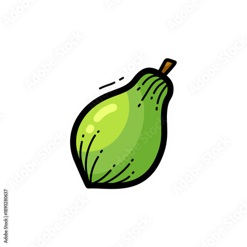 Cartoon illustration of a fresh green papaya fruit with black outlines and simple shading, isolated on a white background.