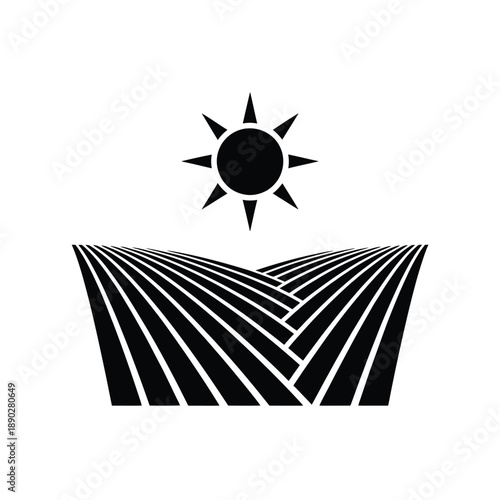 Black and white illustration of sun shining over layered hills