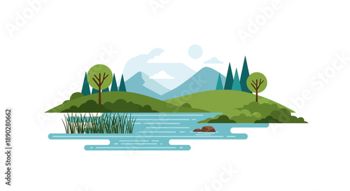 Vector illustration of a serene wetland ecosystem with a duck on a river, surrounded by lush greenery and majestic mountains under a partly cloudy sky, promoting conservation and nature.
