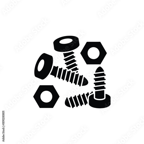 Black and white illustration of screws bolts and nuts arranged together