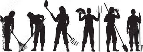 Large collection of female gardener and farmer silhouettes in various working poses holding rakes, shovels, and pitchforks for agricultural and landscaping design concepts.
