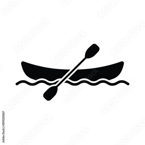 Simple black silhouette of a canoe with paddles on wavy water