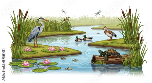 Vector illustration of a wetland ecosystem with a heron, ducks, and a turtle on a sunny World Wetlands Day, featuring a serene river, lake, and lush vegetation.
