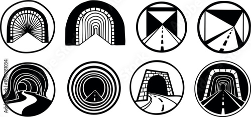 Black and white geometric tunnel icons set with various road designs and perspective shapes in circle frames