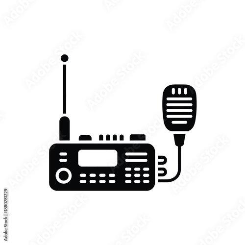 Simple black icon depicting a two way radio with antenna and microphone
