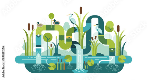 Vector illustration of a wetland ecosystem with a duck, river, and lake, featuring plants and animals, promoting conservation on World Wetlands Day.