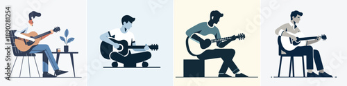 A man playing guitar, flat design illustration, minimalist style, white background