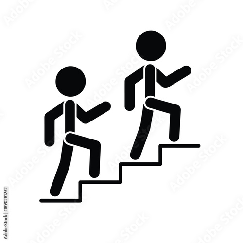 Simple black icon depicting two figures ascending a staircase