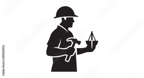 Engineer examining a blueprint with a magnifying glass, standing in a professional stance, illustration, industrial setting, side view