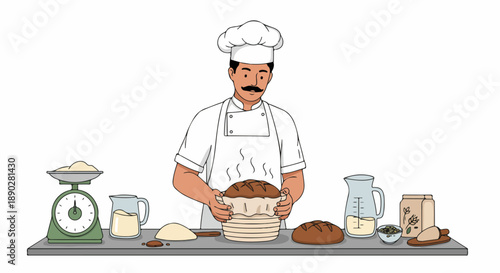 Artisan baker proudly presents a freshly baked, warm loaf of homemade bread, surrounded by essential ingredients on a clean kitchen counter.