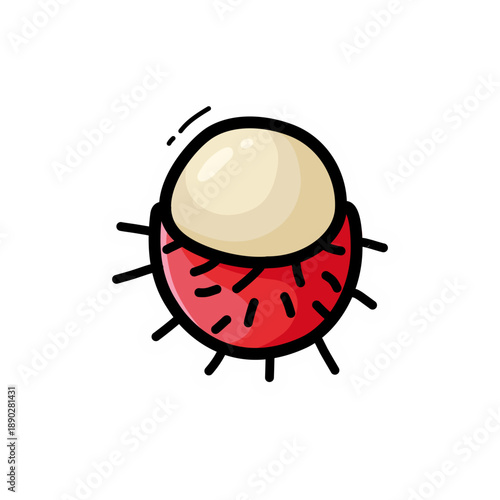 Cute cartoon illustration of a partially peeled rambutan fruit with red spiky skin and creamy white flesh, isolated on a white background.