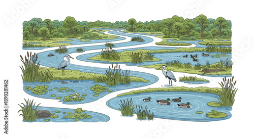 Illustration of a serene wetland ecosystem on World Wetlands Day featuring a winding river, lush greenery, and various animals like ducks and birds in a natural, conservation-focused
