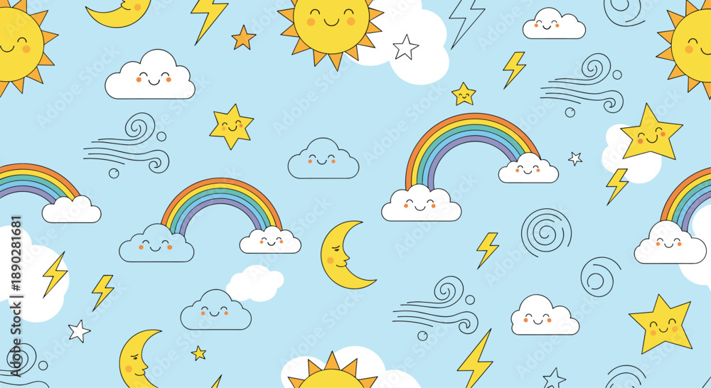 Obraz premium Cheerful weather seamless pattern with smiling suns, rainbows, clouds, crescent moons, stars, and lightning bolts on light blue.