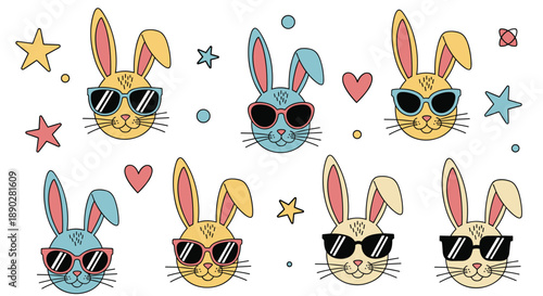 Fun seamless pattern with colorful bunny heads wearing cool sunglasses, mixed with stars, hearts, and dots on a white background.