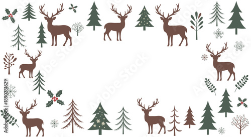 Festive holiday border illustration with silhouettes of brown reindeer wandering among various green and snowy evergreen trees.