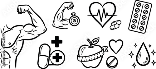 Black and white line art muscular arm flexing with health and fitness icons including pills heart apple and stopwatch symbols