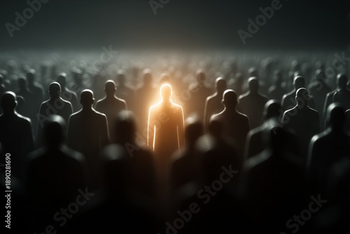 Persona brillante en multitud de siluetas oscuras, Individuo premium destacando con una luz única, Banner publicitario de liderazgo con persona brillante