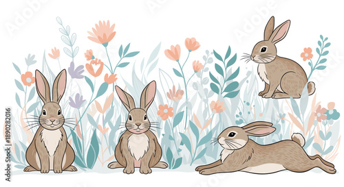 Four brown rabbits are shown in a meadow of colorful wildflowers and soft green plants in this charming and naturalistic illustration set.
