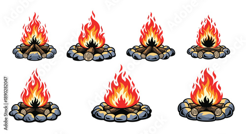 Seven comic style campfires with burning logs and stone borders are shown in a grid format with vibrant red and orange flame colors.