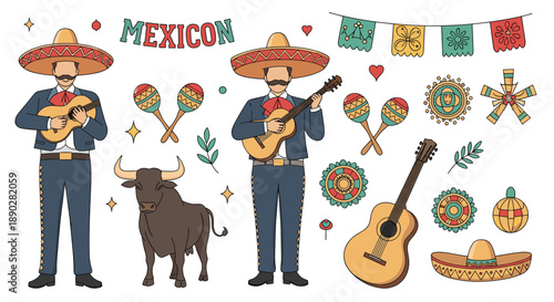 Mexican culture elements including mariachi musicians, a bull, guitars, and maracas are gathered in a festive and colorful illustration set.