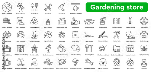 Products of gardening and farming shop by category - vector editable line icons.