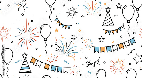 Party supplies including balloons, bunting, hats, and fireworks are featured in a festive seamless pattern on a clean white background.