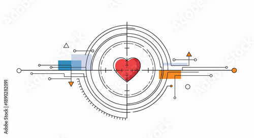 Technical target reticle centers on a red heart with technical lines and geometric shapes in a modern digital graphic illustration.
