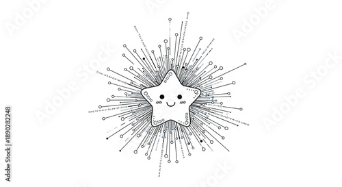 Cute cartoon star with a happy smiling face surrounded by dynamic radiating lines and dots on a clean white background.