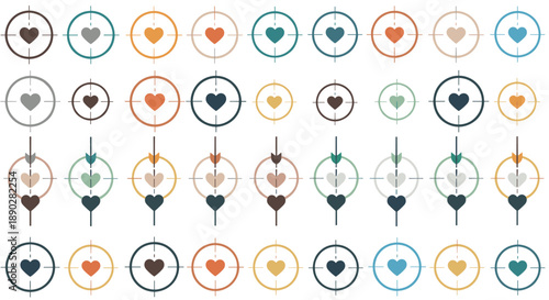 Graphic pattern consisting of heart shapes placed within crosshair target circles in various soft pastel colors on a white background.