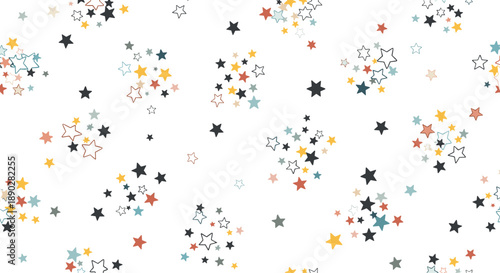 Seamless pattern of small colorful stars scattered across a white background, suitable for children's decor and festive wrapping paper.